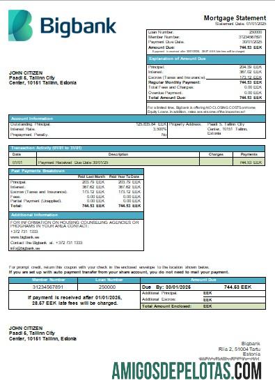 Declaração de hipoteca do Banco Bigbank da Estônia Scr exemplo real